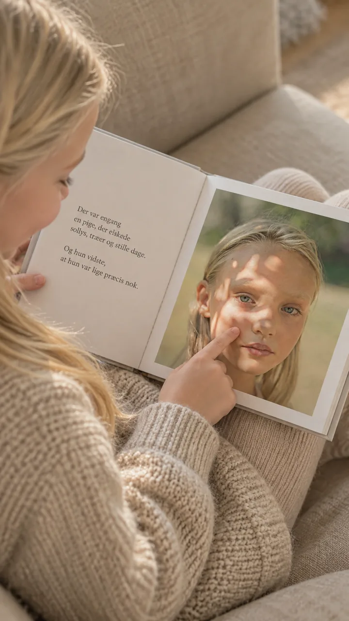 En pige peger på sit eget ansigt i den personlige bog, hun sidder med i sofaen