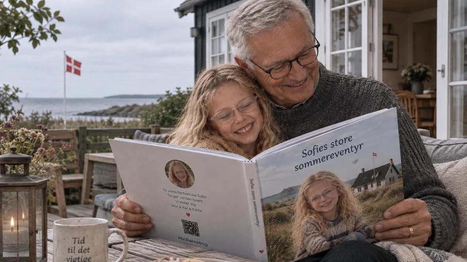 Bedstefar og barnebarn læser en personlig bog på terrassen ved et dansk sommerhus med udsigt til havet