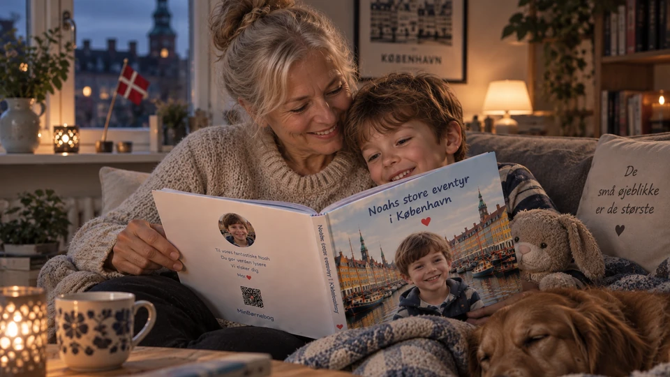 Bedstemor og barnebarn læser en personlig bog i sofaen om aftenen, mens hunden hviler ved siden af