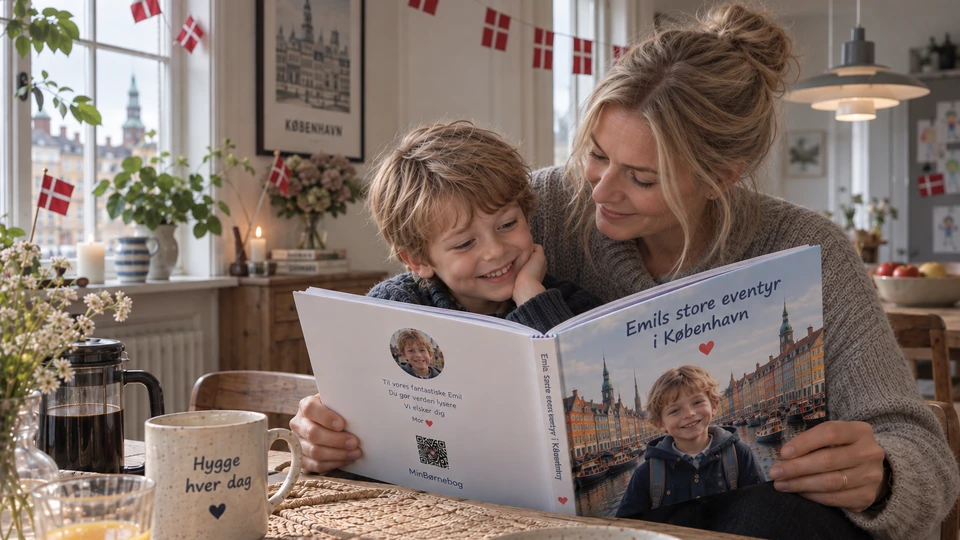 Mor og søn læser en personlig bog sammen ved morgenbordet i et dansk køkken